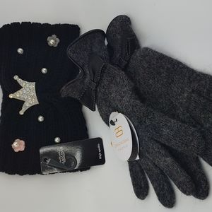 Santacana Wool Gloves gray with Lambskin trim & knit Headband included